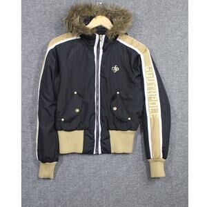 VTG 90's SouthPole Coat S Black Gold Spellout Faux Fur Hood Hip Hop Streetwear